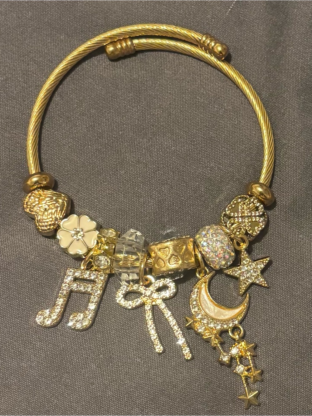 Gold Charm Bangle Bracelet with Moon, Stars & Musical Note Charms